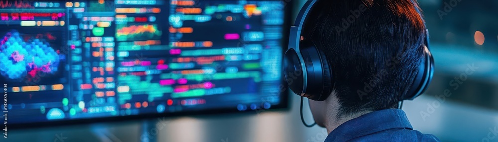 Poster A person using a headset and computer screen in a digital workspace setting