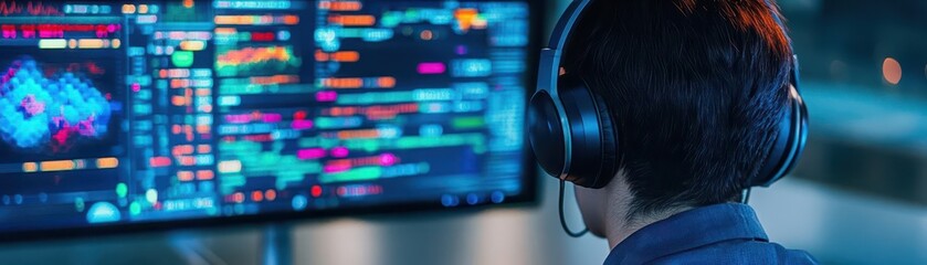A person using a headset and computer screen in a digital workspace setting