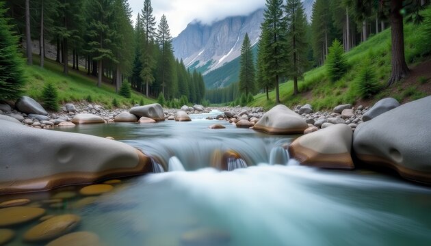 A serene mountain stream winds through a lush forest, surrounded by smooth boulders and tall evergreen trees, with majestic mountains partially veiled by clouds, celebrating World Environment Day