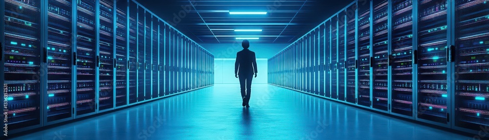 Poster A person walks through a dimly lit data center filled with server racks, highlighting the blend of technology and human presence in a digital environment