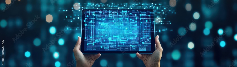 Aufkleber A persons hands hold a tablet with data visualization displayed in the air, indicating a digital business strategy concept