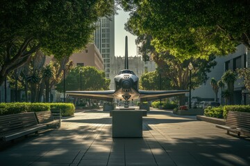 Space shuttle displayed in urban plaza surrounded by lush trees.