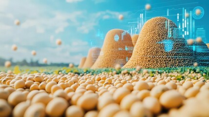 A photograph of towering piles of soybeans with a holographic financial data visualization chart,representing the agricultural economy,technology,and sustainable progress