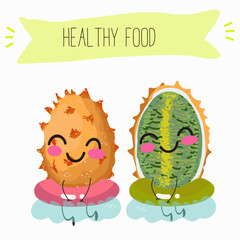 Bael fruit cute funny cheerful characters with different poses and emotions, wood apple whole and sliced. Vector hand drawn illistration.