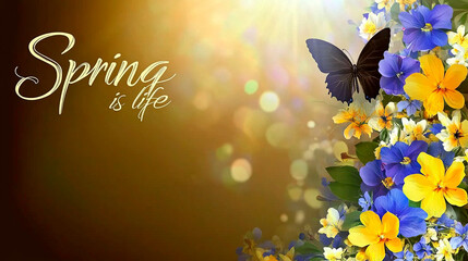 Black Butterfly on Colorful Spring Flowers with Inspirational Quote