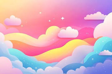 Pastel rainbow landscape with clouds and stars.