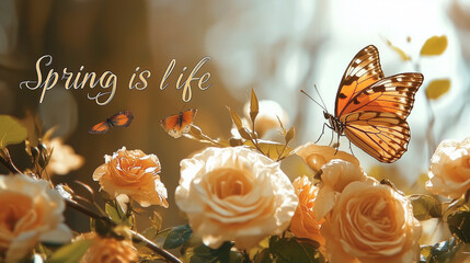 Butterfly on Roses with "Spring is Life" Quote