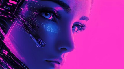 A cybernetic female with biomechanical implants and digital enhancements, representing advanced robotics and transhumanism in a futuristic comic book illustration style.