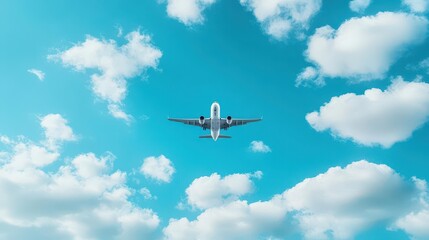 Fototapeta premium A plane flying through a cloudy blue sky