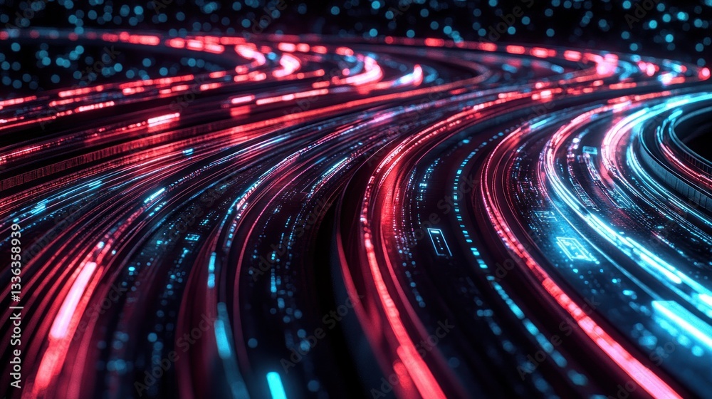 Poster red and blue glowing digital lines forming a curved pattern