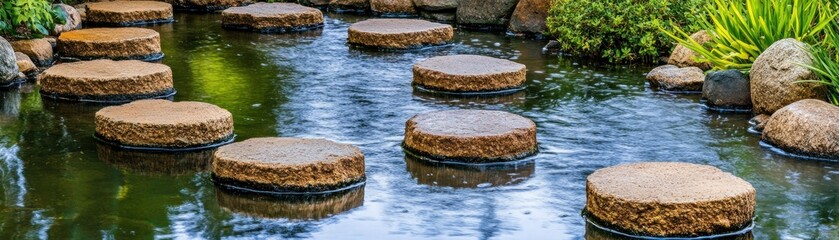 Stone stepping stones traverse tranquil water features in a garden