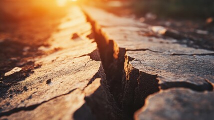 Fototapeta premium Expansive Cracked Earth Under Warm Sunset Light with Dramatic Texture