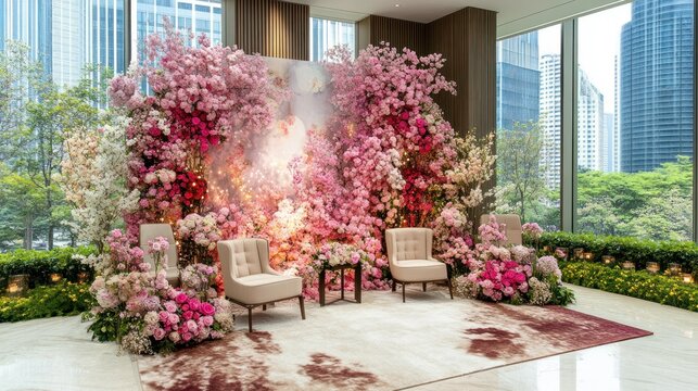 An elegant stage featuring flowers and comfortable seating arrangements