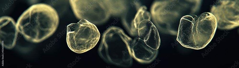 Poster Numerous translucent spherical forms float against a dark black background