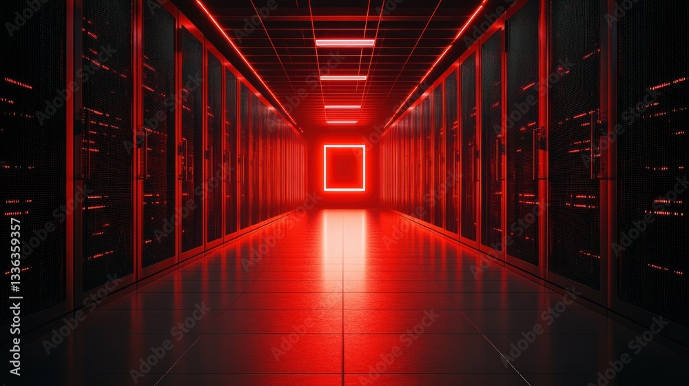 Poster a long corridor with server racks glows a bright red color