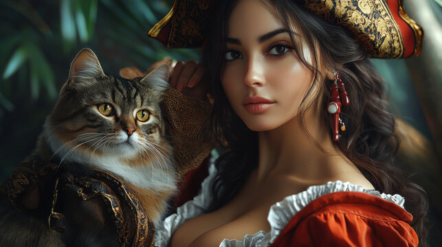 Beautiful Woman with Cat in Pirate Costume