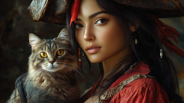 Beautiful Woman in Pirate Costume with Cat