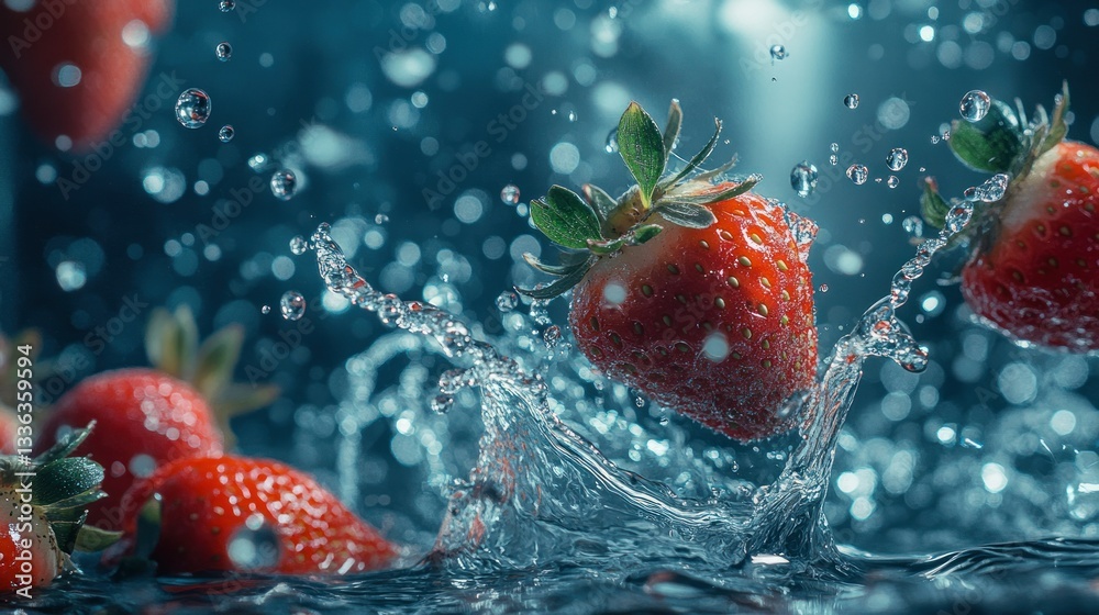 Poster strawberries are splashing in water showing the freshness of the fruit