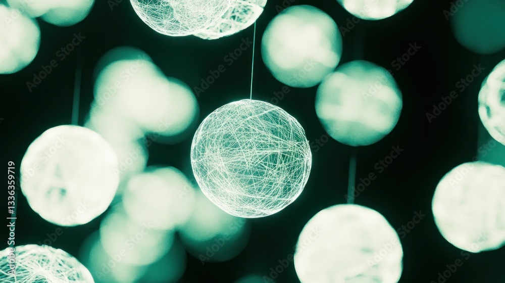 Poster suspended glowing spheres of thread with a dim background