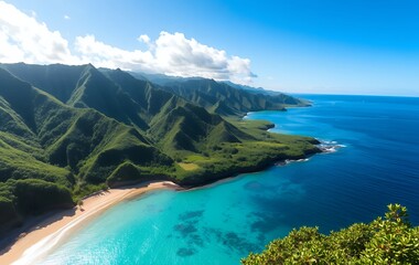 Obraz premium Aerial view of tropical beach with turquoise water and green mountains