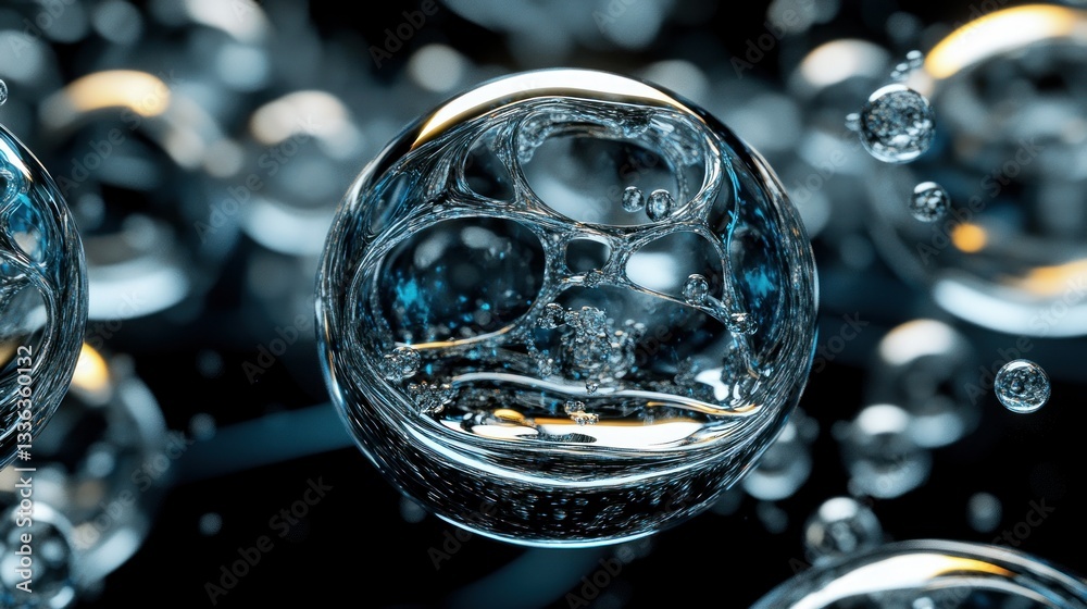 Poster Abstract image shows multiple transparent bubbles suspended in space