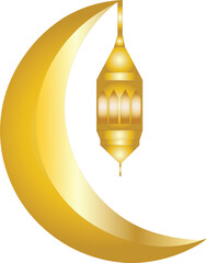 Golden Crescent Moon with Hanging Lantern Symbolizing Ramadan and Eid, Digital Vector Illustration    