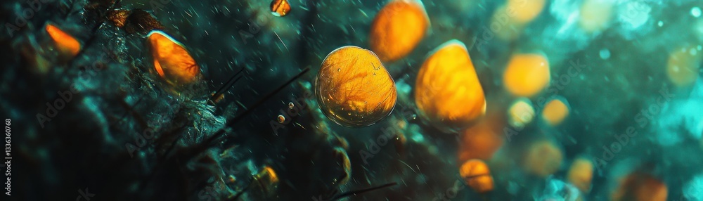 Poster abstract artistic representation featuring several glowing golden orbs in detail
