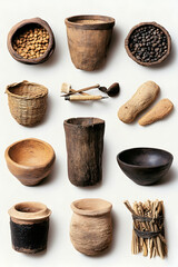 Collection of ancient handcrafted tools, vessels, and food
