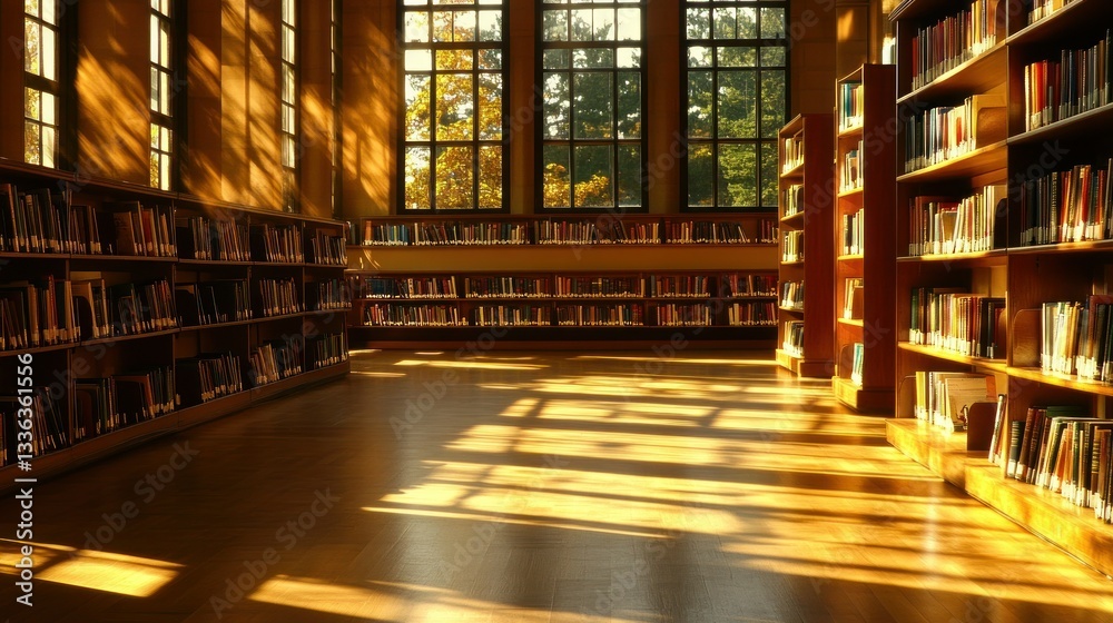 Poster A spacious library featuring sunlight streaming through large windows