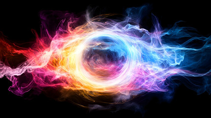 Colorful energy ring, swirling nebula-like formation in vibrant hues on black background