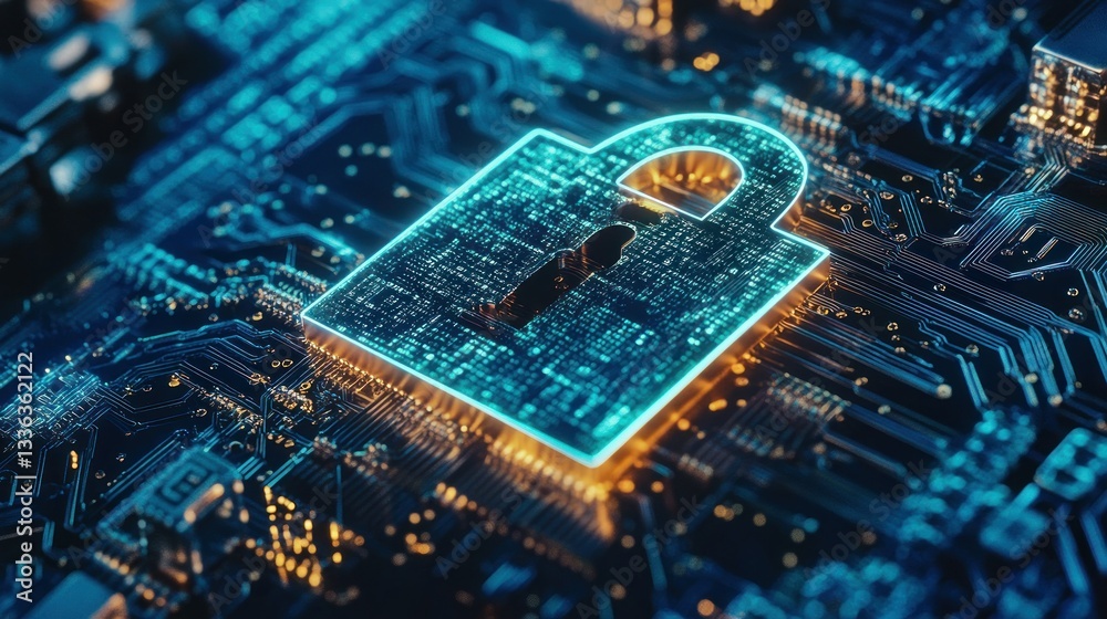Poster A digital lock symbolizes data security within a circuit board