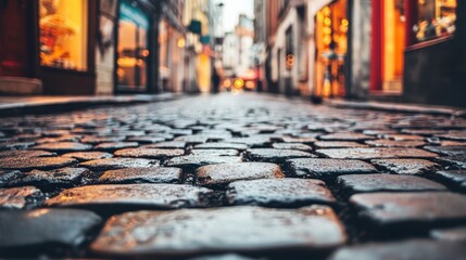 Glimmering Cobblestone Street at Dusk with Soft Yellow Lights