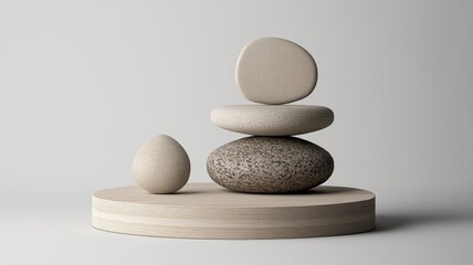 Ethical products and local and materials concept. A minimalistic arrangement of smooth stones stacked on a wooden base, evoking a sense of balance and tranquility.