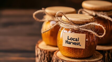 Ethical products and local and materials concept. Jars labeled "Local Harvest" filled with natural goodness, displayed on wooden surfaces, showcasing rustic charm and artisanal quality.
