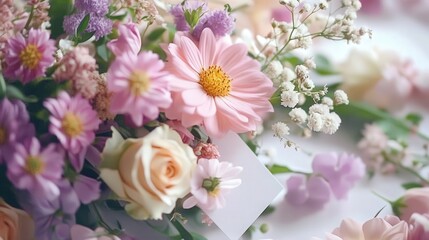 Fototapeta premium Beautiful bouquet of flowers and tag. Selective focus.