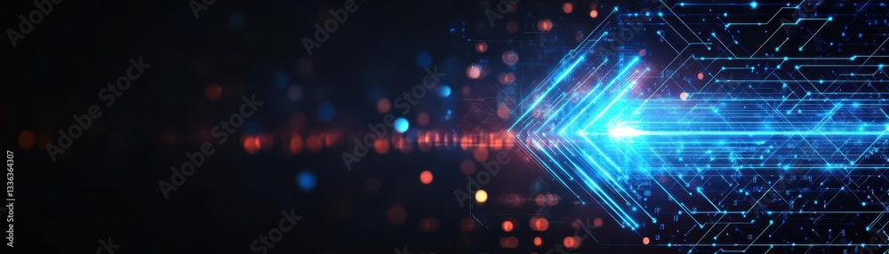 Poster A vibrant digital arrow of blue tech lines shines on a dark backdrop, symbolizing progress in technology and market trends