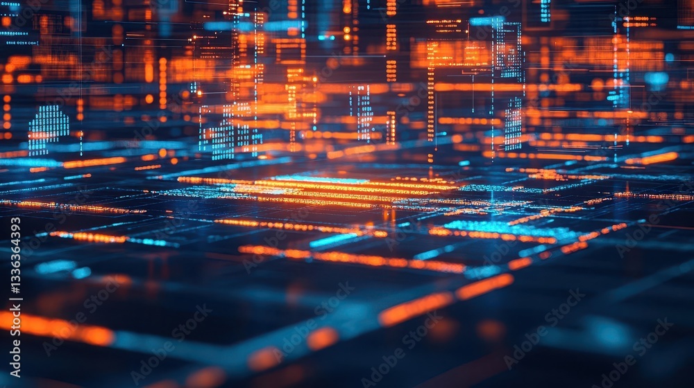 Fototapete A vibrant display of digital code and data streams, showcasing a hightech environment filled with glowing orange and blue visuals in a modern workspace