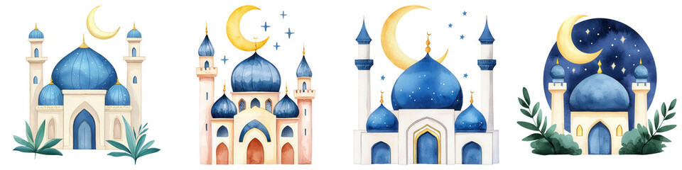 Ramadan watercolor clipart. Colorful mosque illustrations with crescent moon and stars.