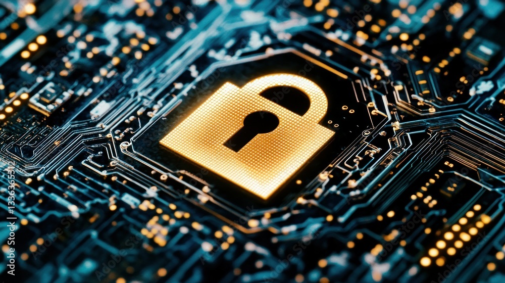 Poster A glowing digital padlock representing system data security concerns
