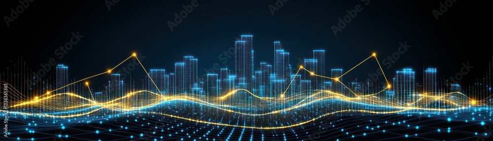 Poster Digital representation of a city skyline with data visualization lines