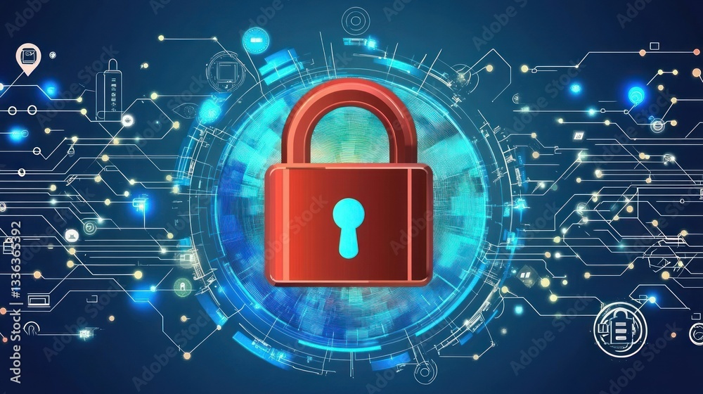 Poster Digital Security Concept Featuring a Red Padlock and Circuitry