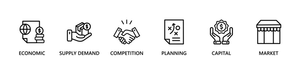 MARKET ECONOMY banner web icon vector illustration concept with icon of economic, supply demand, competition, planning, capital, market