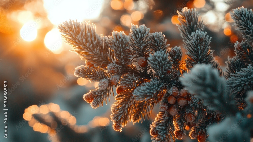 Poster close up view of a frosted pine branch and warm light