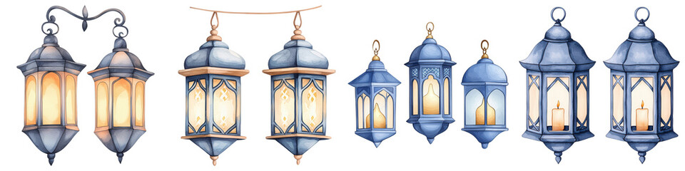Ramadan watercolor clipart. Collection of decorative lanterns with a warm glow.