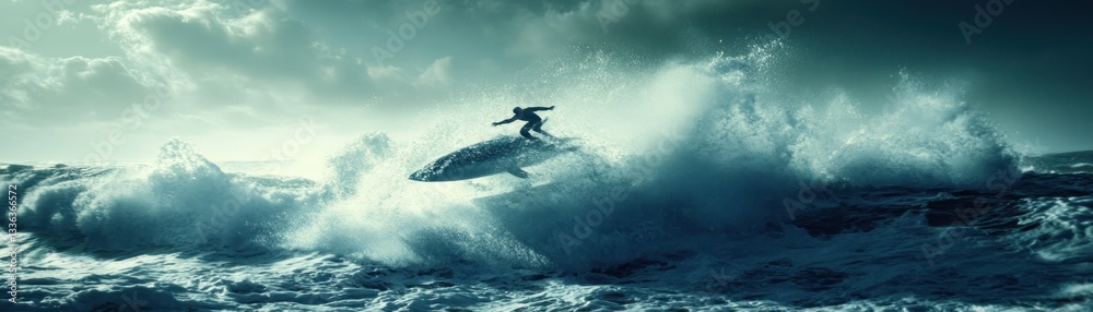 Aufkleber a person surfs a wave that resembles a large sea creature