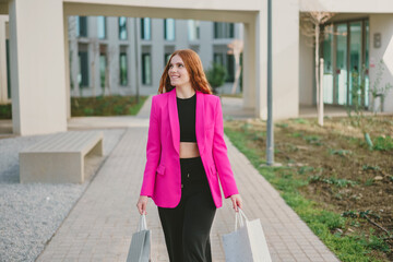 A Stylish Young Woman Enjoying Shopping While Wearing a Trendy and Chic Outfit Today