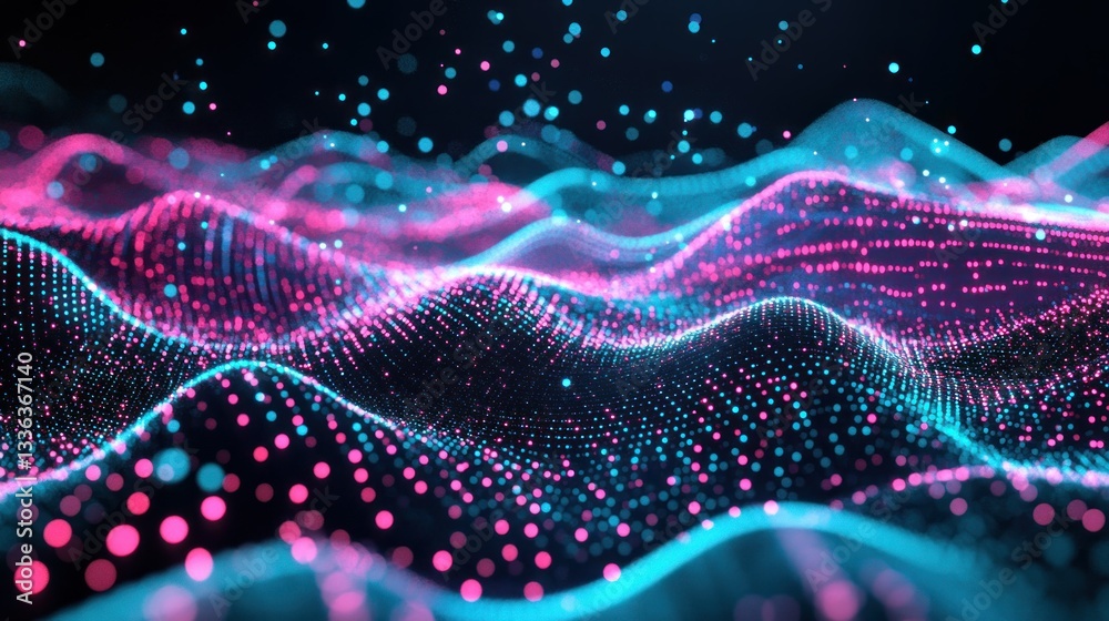 Poster Abstract digital particles floating in waves of color and light