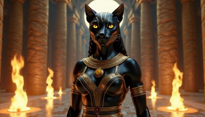 Fototapeta premium Elegant feline goddess exuding power and mystery in an ancient temple lit by flame