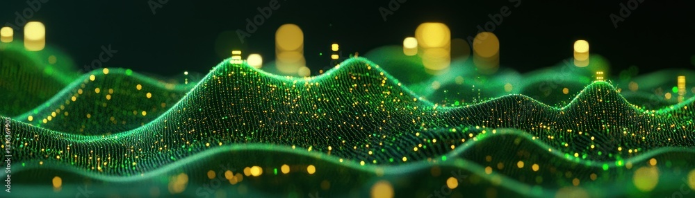 Poster green and yellow digital abstract data landscape with shining elements