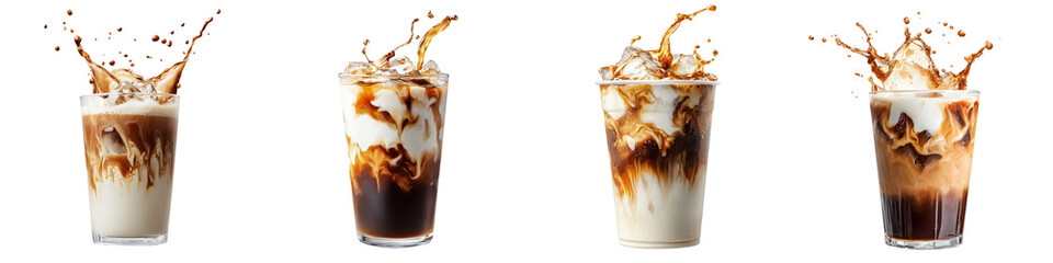 Refreshing iced coffee drink with swirling milk or cream creating a foamy and inviting texture and visual appeal